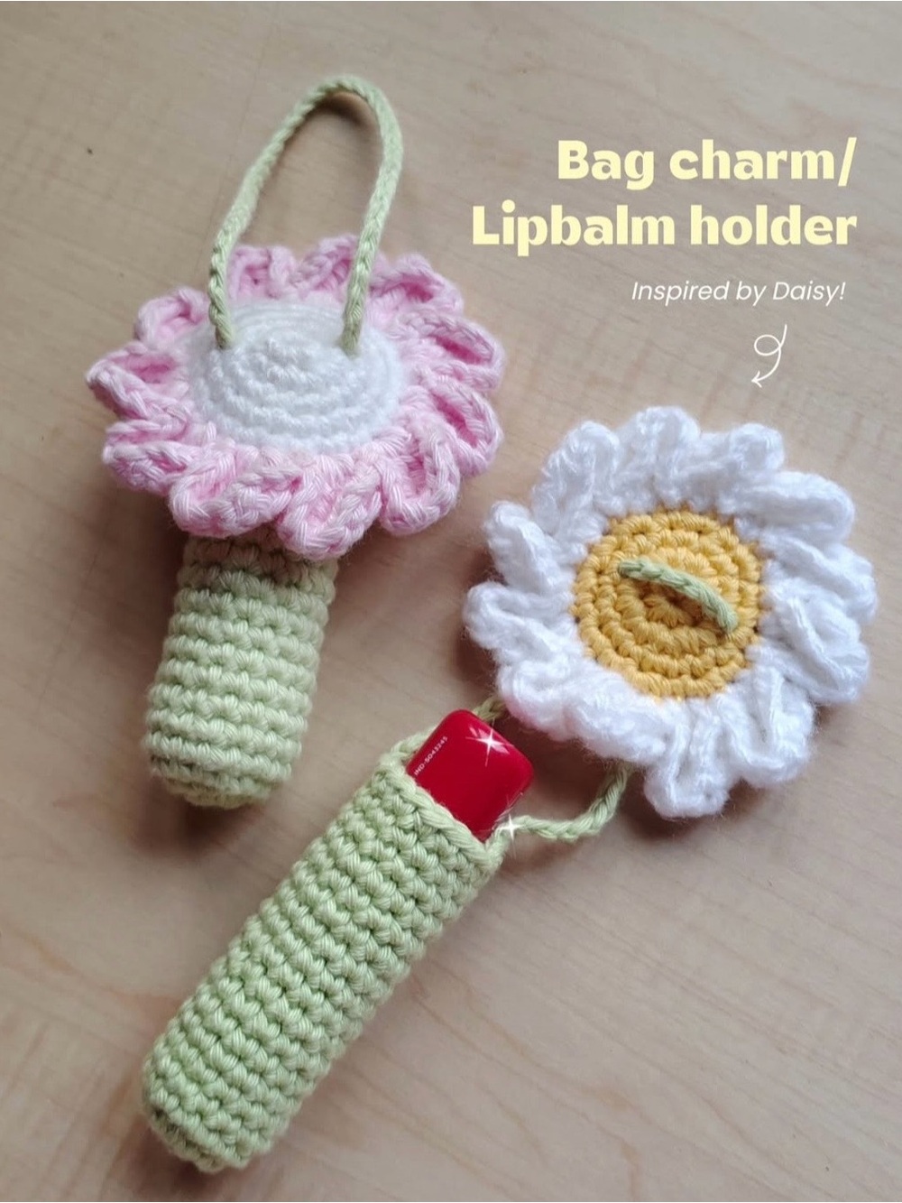 Handmade Daisy Bag Charm & Lip Balm Holder - Pink & White